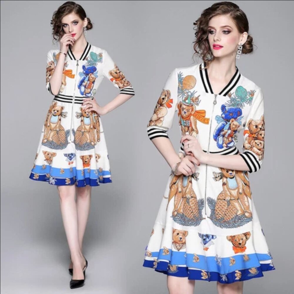NWT Lian Diang Yi Zu A line 3/4 zipper Bears dress M